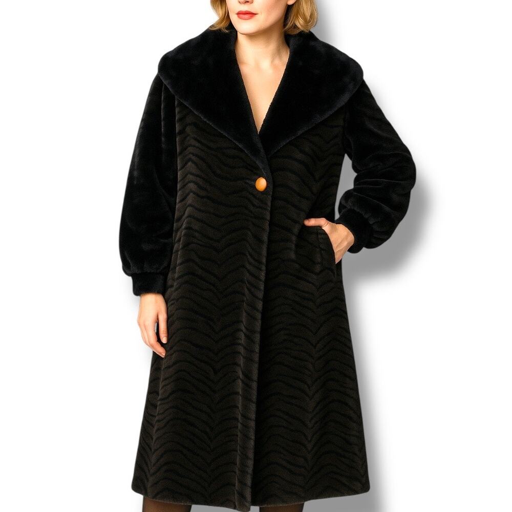 Vintage Faux Fur Zebra‎ Print Long Coat Oversized Collar Black Brown Small Glam